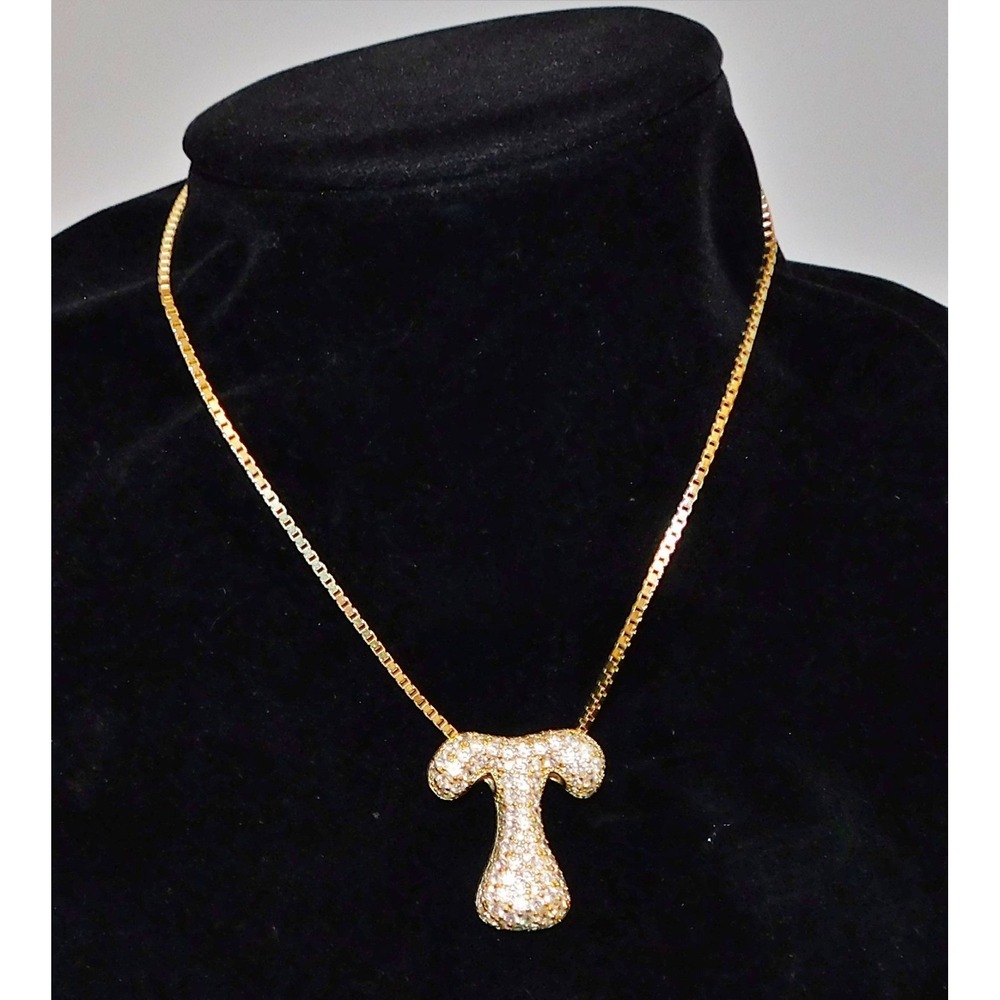EP 925 Sterling Silver Gold Plated Cubic Zirconia Initial T Bubble Necklace